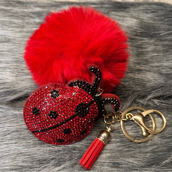 Rhinestone Ladybug with Red Pom Pom & Tassel/Gold Ball - Purse Charm / Key Charm - Picture 2 of 8